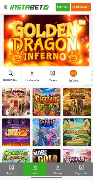 Sección de tragamonedas de InstaBET con cuadrícula de juegos de slots de distintos proveedores, mostrando portadas con nombres y botones de juego.