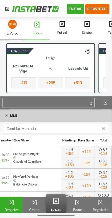 Listado de eventos deportivos en InstaBET con cuotas en tiempo real para partidos de fútbol, mostrando equipos, fecha y momios disponibles.