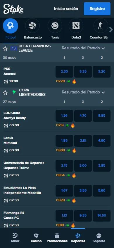 Apuestas de fútbol en Stake Perú con Champions League y Copa Libertadores.