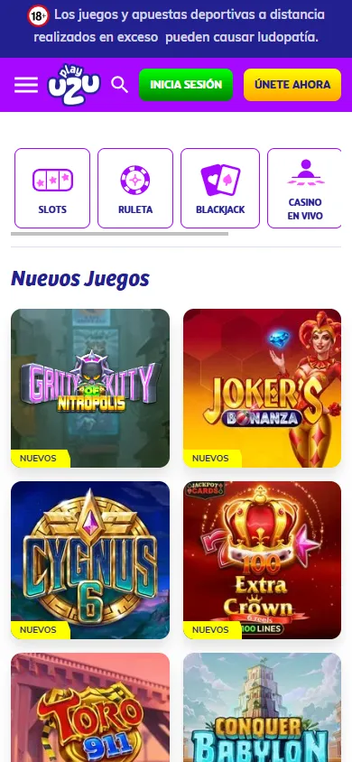 Lobby de PlayUZU casino Perú con nuevas slots.