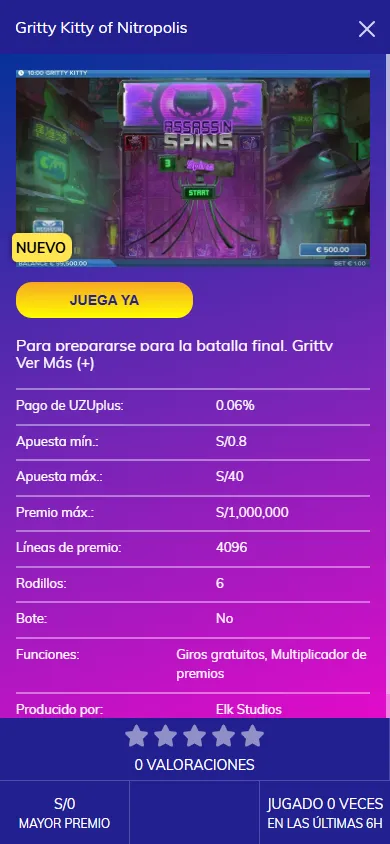 Ficha técnica del slot Gritty Kitty of Nitropolis en PlayUZU Perú.