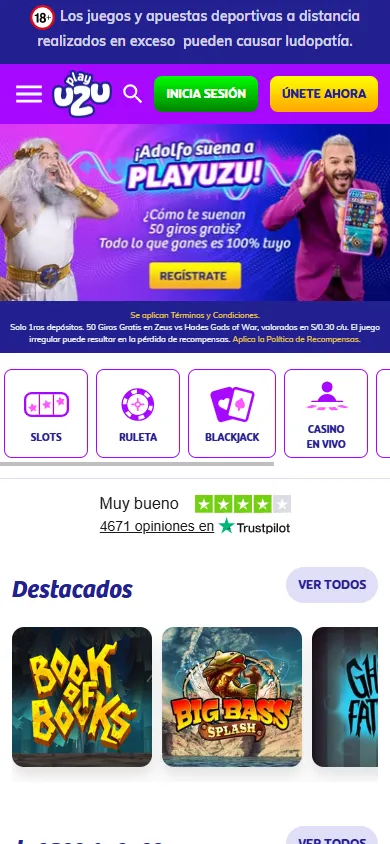 Lobby de la página de inicio de PlayUZU Perú.