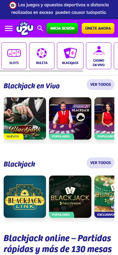 Sección de blackjack en vivo y online en PlayUZU Perú.