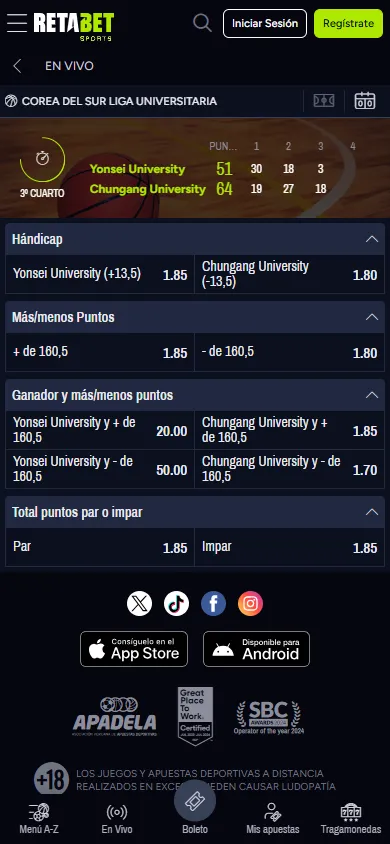 Virtuales RetaBet LaLiga simulada con HCP asiático, doble oportunidad y goles.