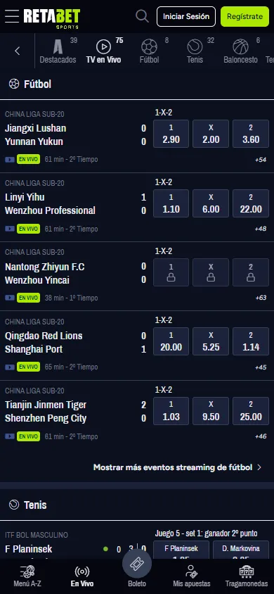 RetaBet apuestas en vivo fútbol y tenis con streaming y más de 75 mercados.