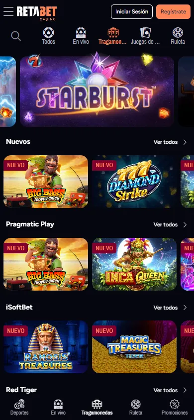 Página de casino Retabet con diferentes slots online.