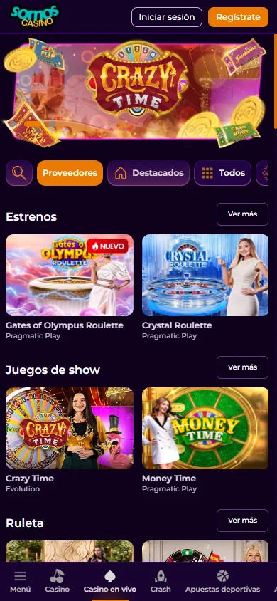 Casino en vivo de SomosCasino con game shows, ruleta y Crazy Time.
