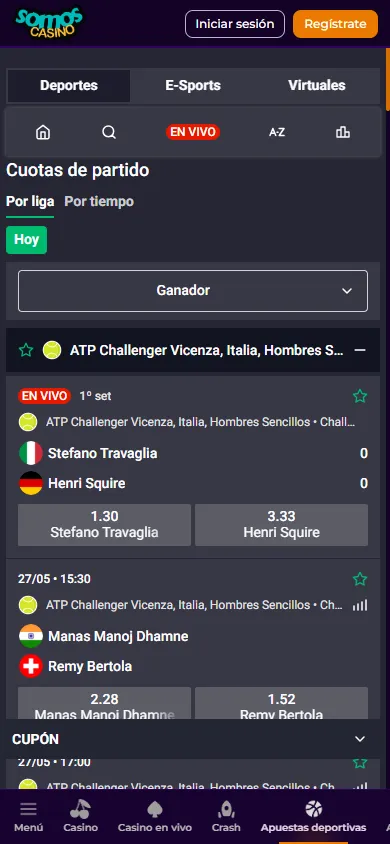 Cuotas de tenis en SomosCasino Perú con torneos ATP Challenger en vivo.