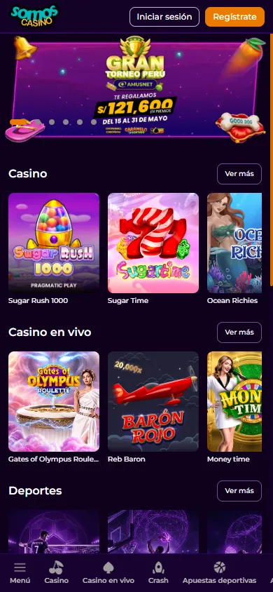 Lobby principal de SomosCasino Perú con torneo de slots.