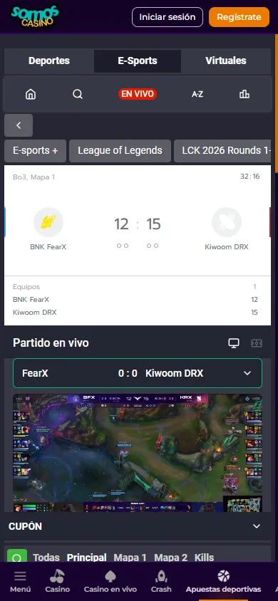 Apuestas en vivo de eSports en SomosCasino con streaming de League of Legends.