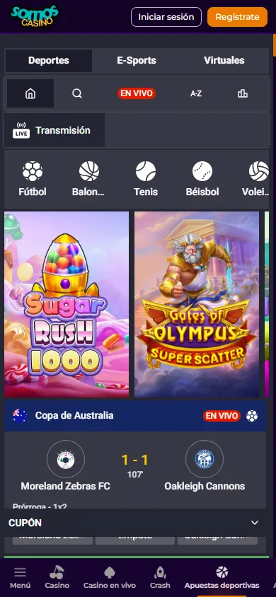 Lobby de SomosCasino Perú con deportes en vivo y slots destacados.
