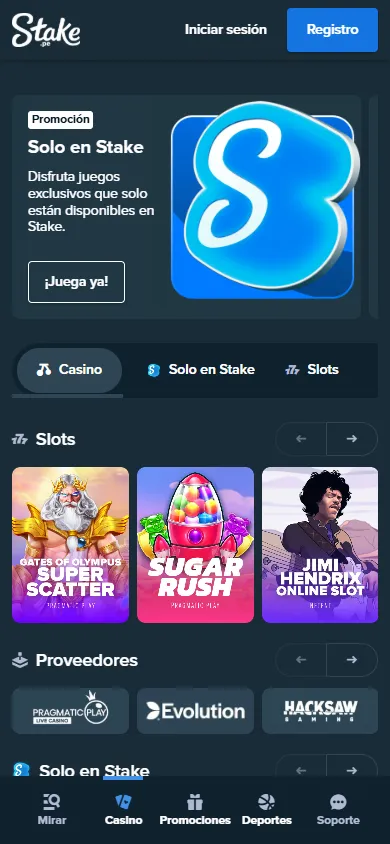 Lobby del casino Stake Perú.