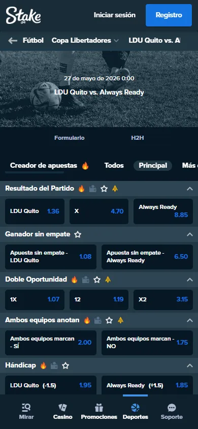 Mercados de apuestas en Stake Perú para Copa Libertadores.