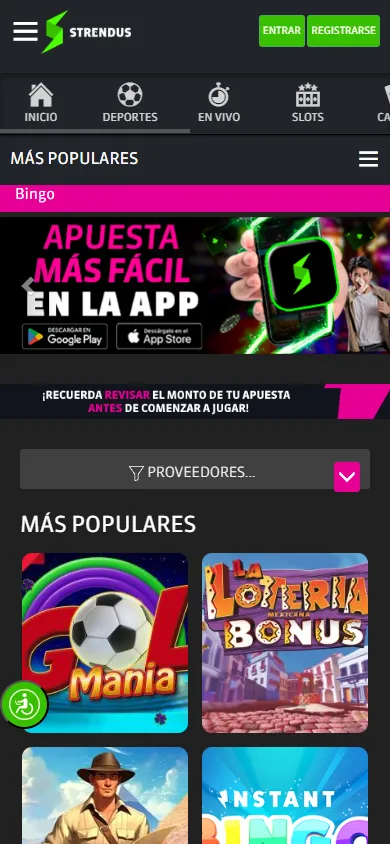 Sección de bingo en Strendus con los juegos más populares, filtro por proveedor y banner de descarga de la app para iOS y Android.