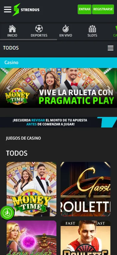 Lobby de juegos de casino en Strendus con ruleta en vivo de Pragmatic Play y títulos como Money Time y Classic Roulette.
