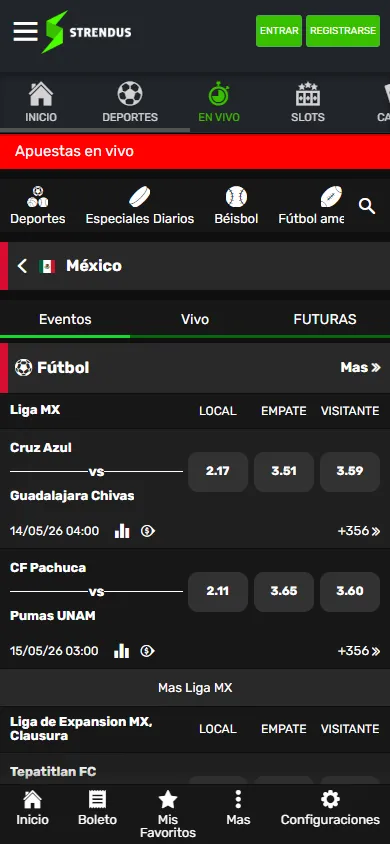 Sección de apuestas en vivo de Strendus con cuotas para Cruz Azul vs Chivas y CF Pachuca vs Pumas de la Liga MX.