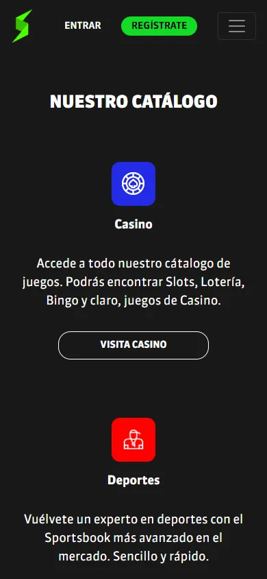 Pantalla de presentación del catálogo de Strendus con accesos directos a casino y deportes desde la versión móvil.