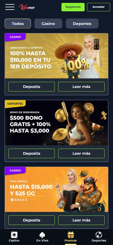 Página de promociones y bonos de Winpot.mx en móvil.
