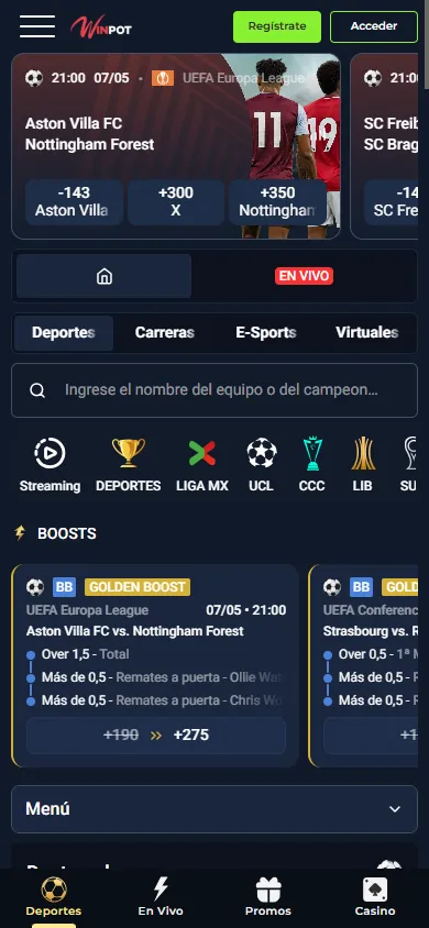Sección de apuestas en vivo de Winpot.mx en versión móvil.