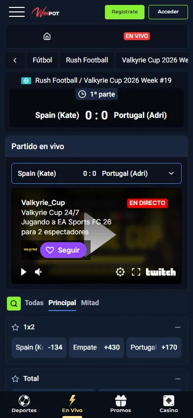 Streaming de partido en directo en Winpot.mx desde móvil.