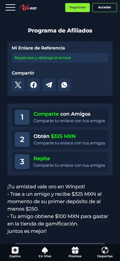 Programa de referidos "Invitar a un amigo" de Winpot.mx en móvil.