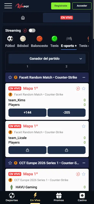 Sección de apuestas deportivas de Winpot.mx en versión móvil