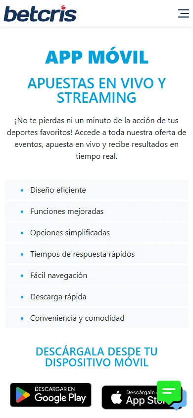 Página de descarga de la app móvil de Betcris.mx disponible para Android e iOS.