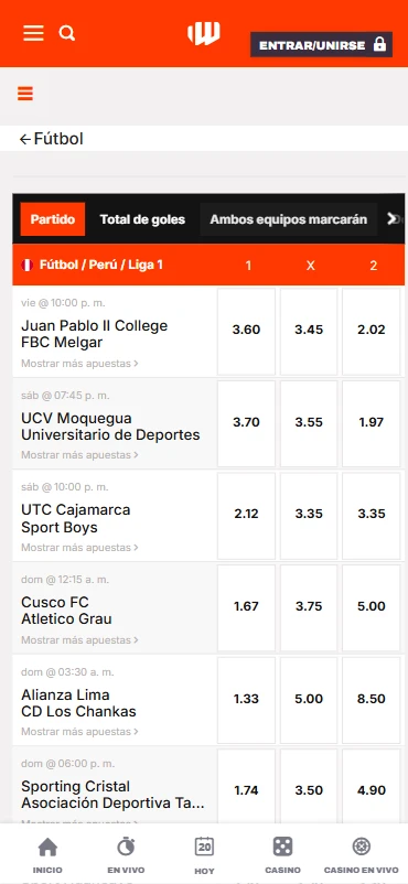 betwarrior peru apuestas partidos liga 1