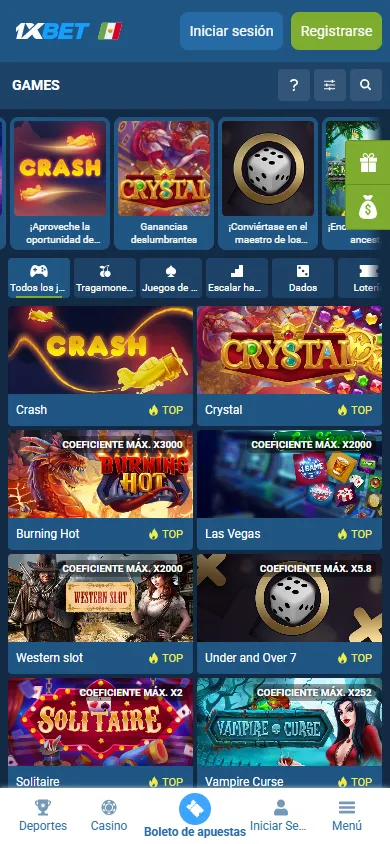 Sección 1xGames con juegos exclusivos del casino 1xBet México.