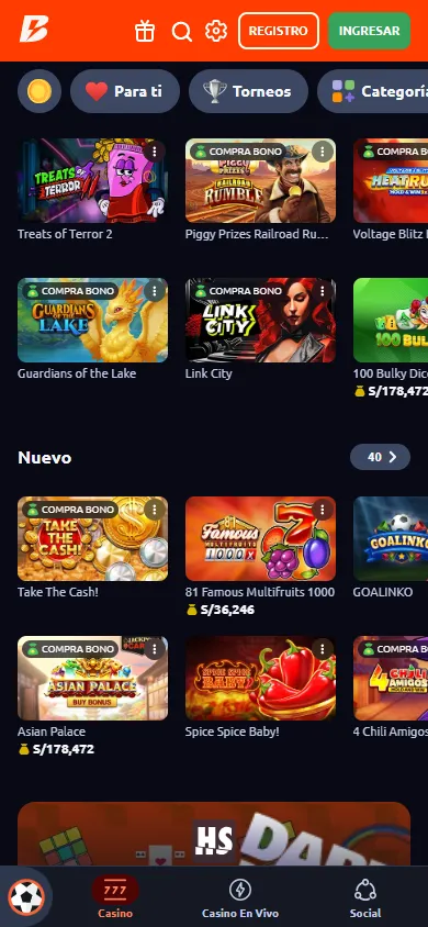 Con 220 partidos en vivo simultáneos —122 solo de tenis—, Betano ofrece una de las coberturas en directo más amplias del mercado peruano. Incluye mercados especiales como el "ATP Hamburgo Super Combo" (ganar las tres: Tiafoe, Mensik y De Minaur a cuota 12.50), un producto diferenciador para el apostador que busca combinadas de valor en torneos de menor visibilidad.