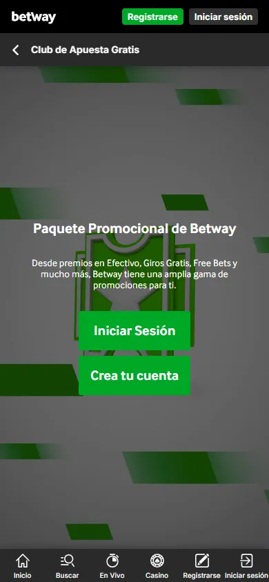Pantalla del Club de Apuesta Gratis de Betway.mx solicitando iniciar sesión o crear cuenta.