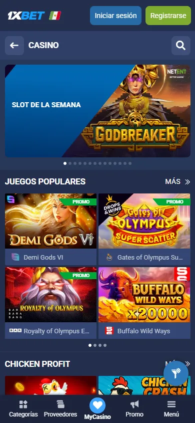 Catálogo de tragamonedas del casino online 1xBet México.