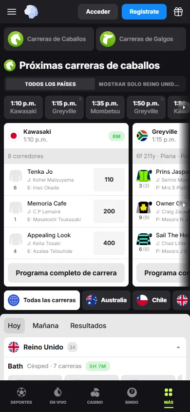 Sección de carreras de caballos en BetMaster con hipódromos de Japón, Australia, Sudáfrica y Reino Unido.