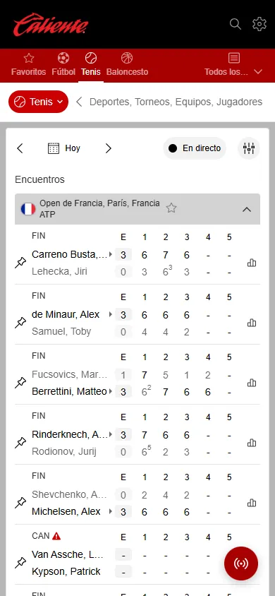 Resultados de tenis en vivo.