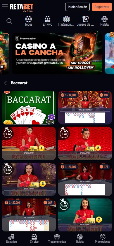 Página de juegos de casino en vivo Retabet.