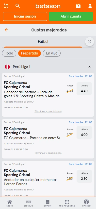 Cuotas mejoradas pre-partido