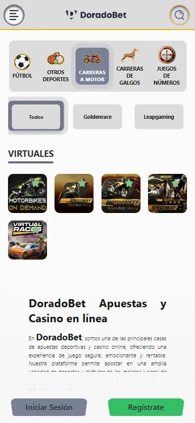 Deportes virtuales DoradoBet: motos, galgos y juegos de números con Goldenrace.