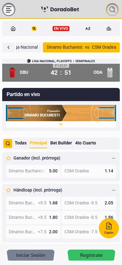 DoradoBet apuestas en vivo baloncesto con Bet Builder y mercados de hándicap.