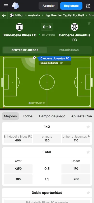 Apuesta en vivo en partido de fútbol australiano con tracker del campo, marcador y mercados de resultado y totales.