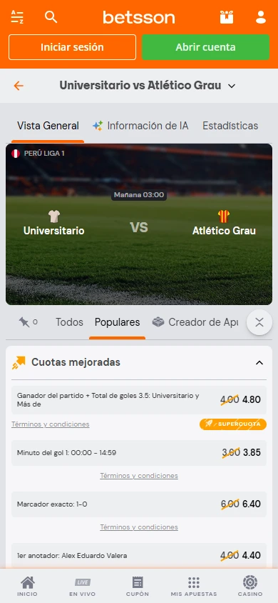 Vista de partido Universitario vs Atlético Grau en Betsson con supercuotas y mercados populares de Liga 1.