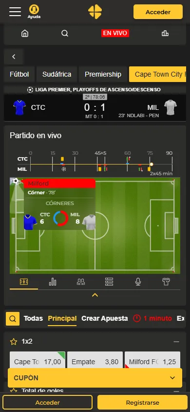 Apuesta en vivo en MiCasino con visualización del partido y creador de apuestas.