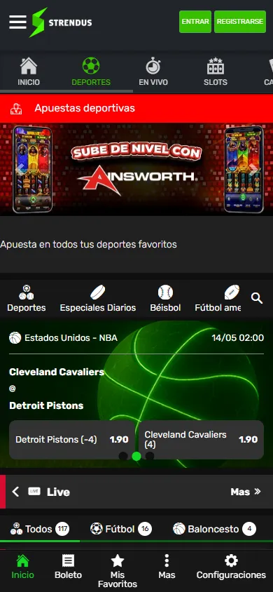 Sección de apuestas deportivas de Strendus con partido NBA entre Cleveland Cavaliers y Detroit Pistons, cuotas y acceso a eventos en vivo.
