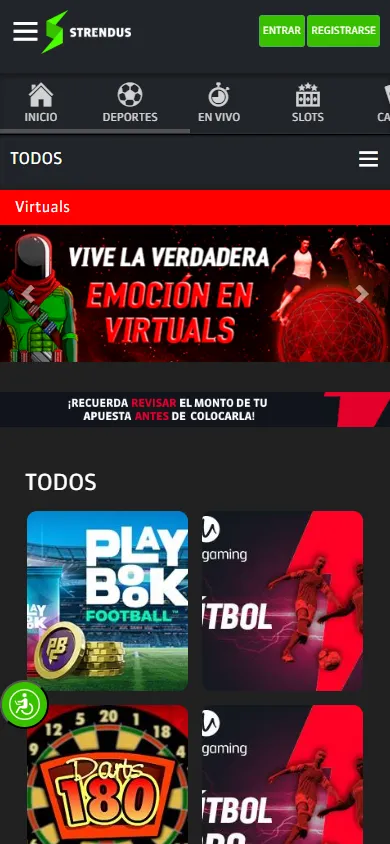 Sección de virtuals en Strendus con juegos de fútbol y dardos de Playbook Gaming y Bgaming disponibles en móvil.