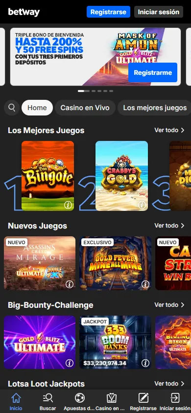 Sección de casino de Betway.mx con juegos destacados, nuevos títulos y jackpots progresivos.