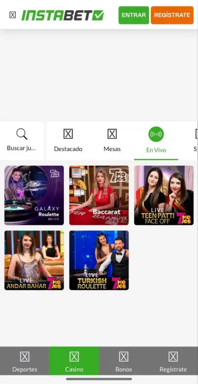 Lobby de casino en vivo de InstaBET con mesas de ruleta, blackjack y baccarat transmitidas en tiempo real con crupieres profesionales visibles en pantalla.