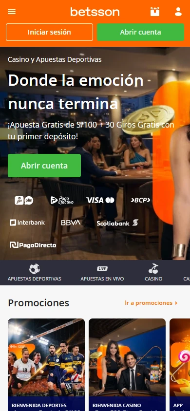 Pantalla de inicio de Betsson Perú con métodos de pago locales disponibles: Plin, PagoEfectivo, Visa, BCP, Interbank, BBVA, Scotiabank y PagoDirecto.