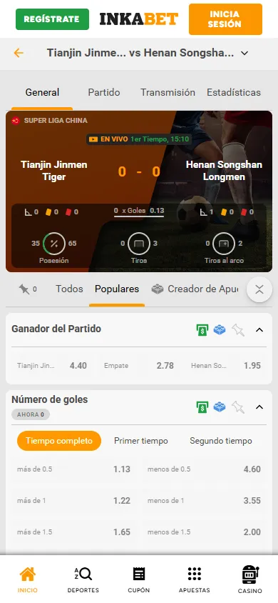 Inkabet apuestas en vivo Super Liga China con estadísticas en tiempo real.