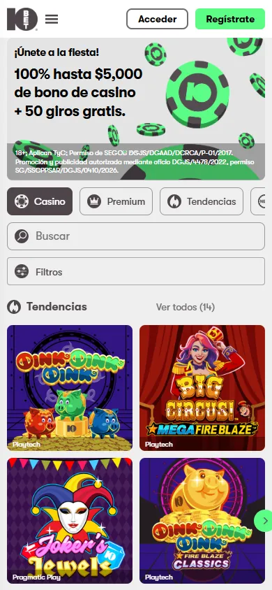 Lobby de slots online en el casino de 10bet México.