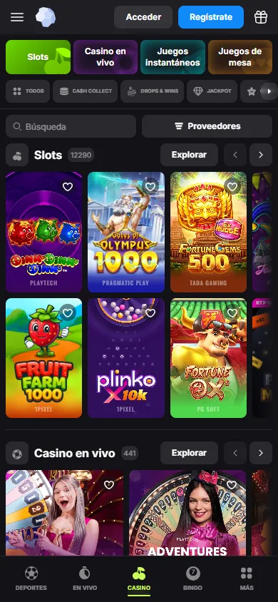 Lobby del casino de BetMaster con más de 12,000 slots y 441 juegos en vivo, filtros por mecánica y proveedor.
