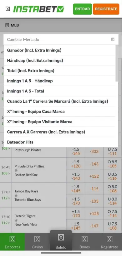 Página de evento deportivo en InstaBET con menú desplegable que muestra los diferentes mercados de apuesta disponibles, como resultado final, ambos equipos anotan y hándicap.